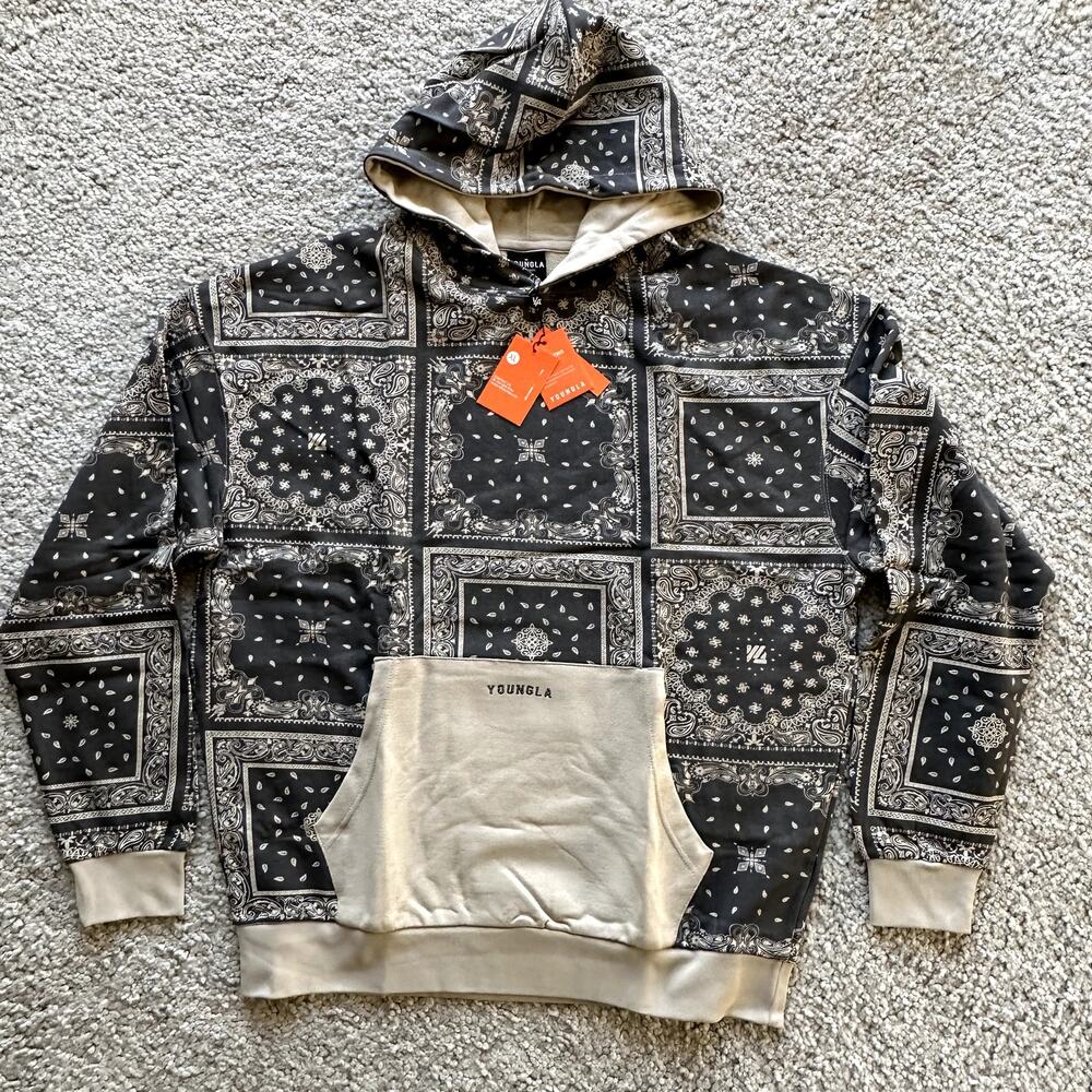 Men's YoungLA Bandana Print Hoodie Pullover, 100%Cotton  XL, NWT, LightGrey RARE